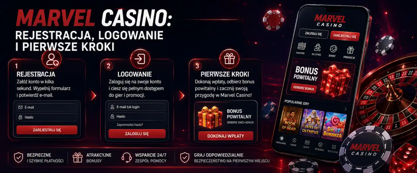 Marvel Casino pokazuje rejestrację, logowanie i pierwsze kroki dla nowych graczy online.